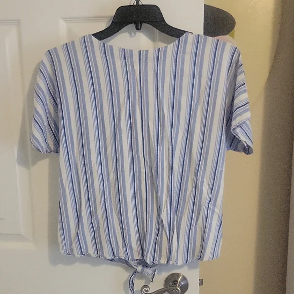 Como Vintage SzXL Rayon, Linen Blue White Striped Button-Down Shirt tie at waist - Picture 5 of 5